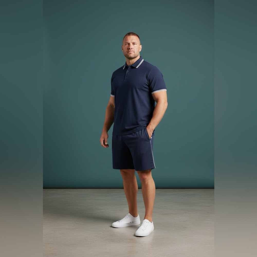 Men's Navy w/ White stripe Polo & Shirt set XXL